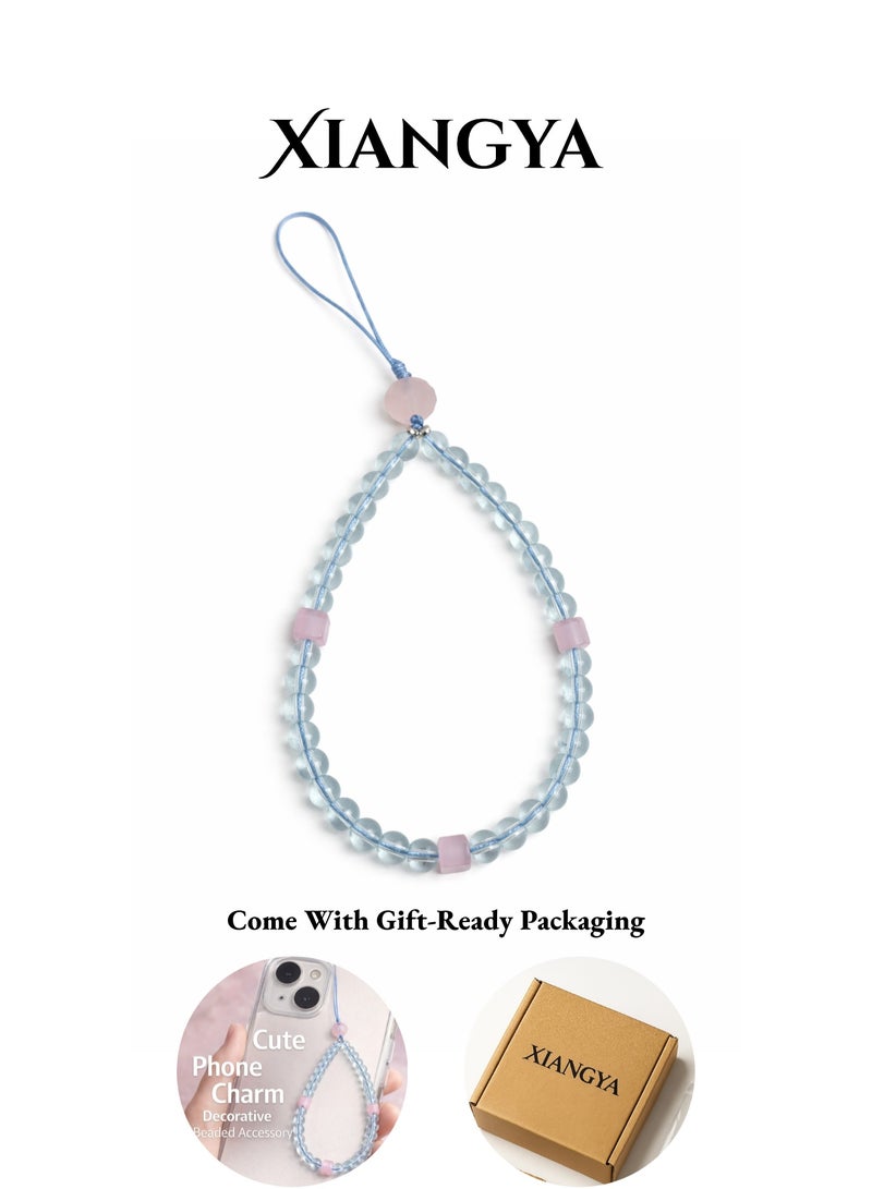 XIANGYA Phone Charm Lanyard Strap – Clear Blue Glass Bead Chain with Pink Frosted Beads & Cat’s Eye Stone for Phone/Bag/Keychain - Image 1